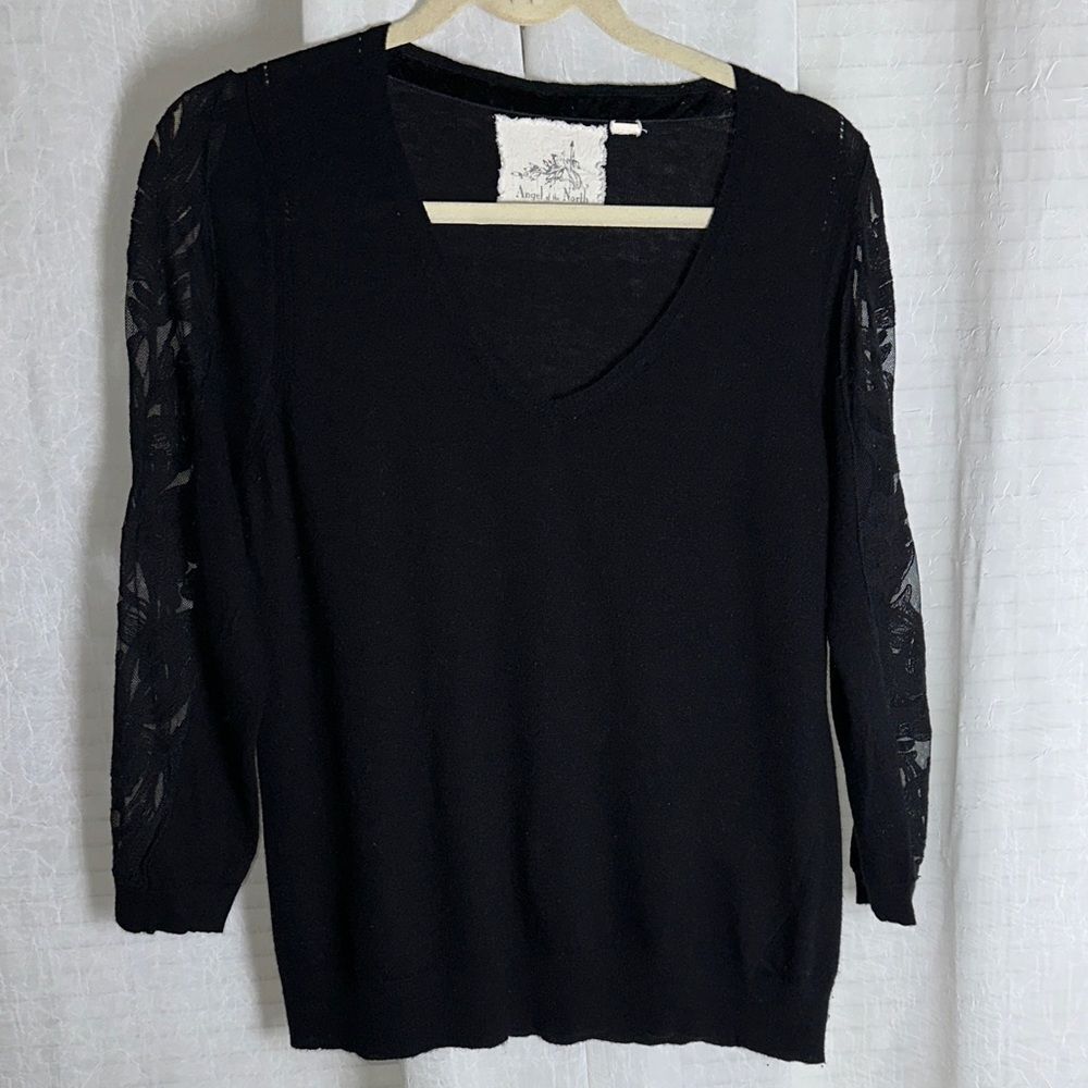 Anthropologie M-L Black V-Neck Wool Blend Fine Knit Quarter Lace Sleeve Sweater